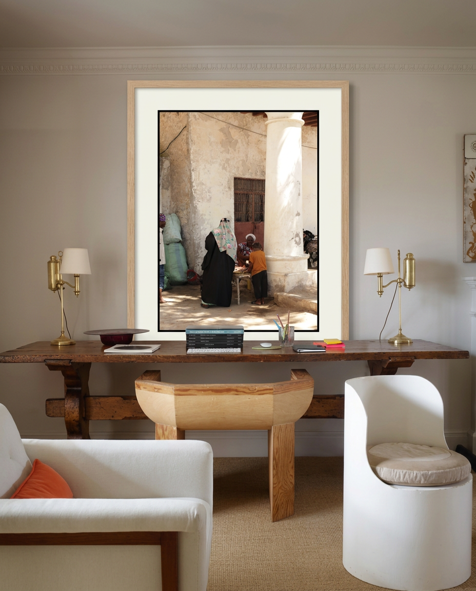 Market Light travel print framed and displayed in a calm interior